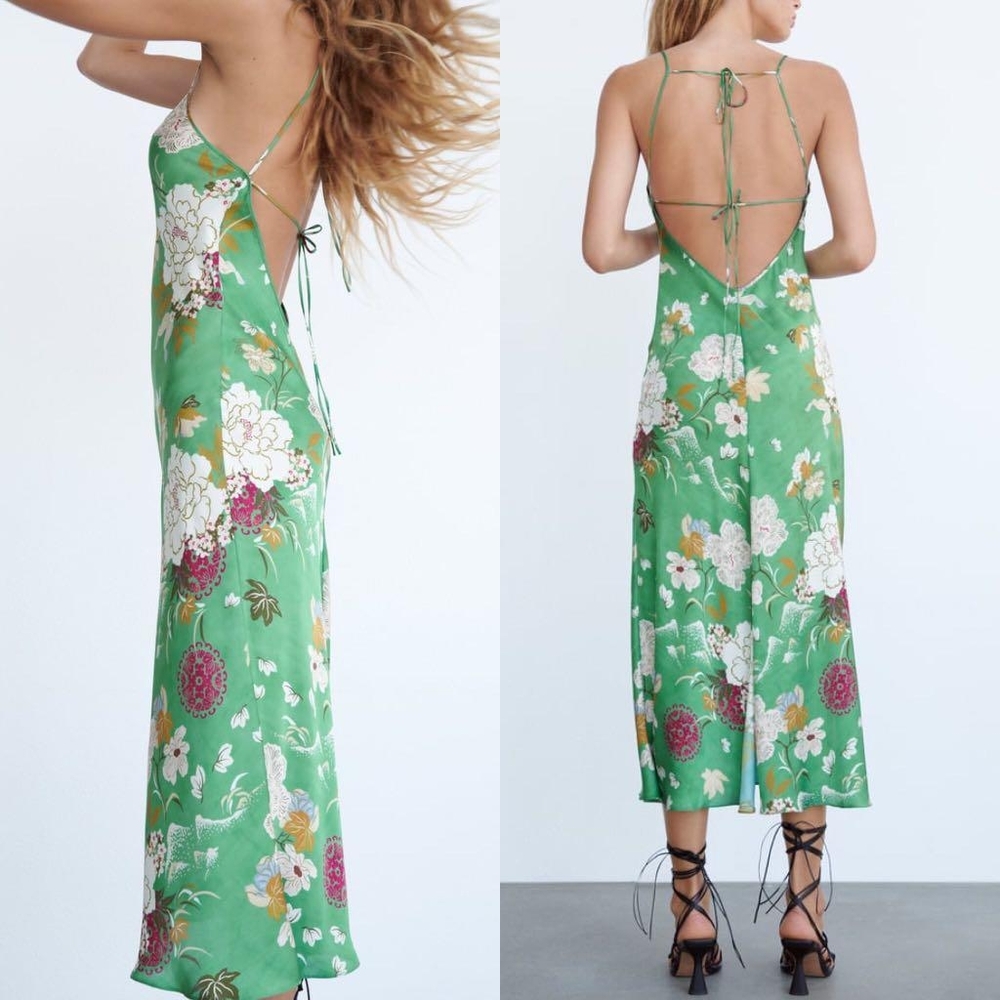 Zara Floral Green Backless Dress XS